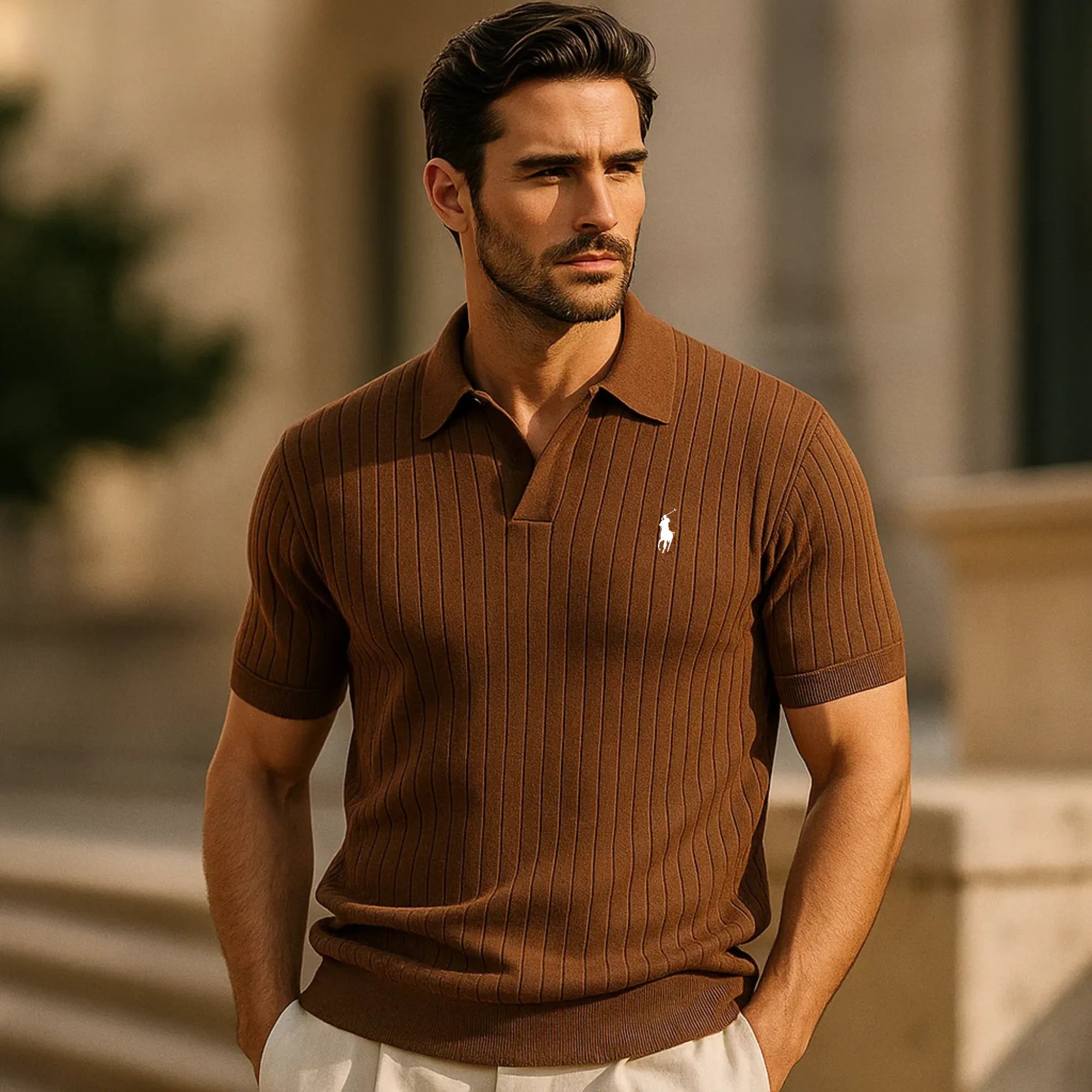 V-Ausschnitt Polohemd mit Streifen